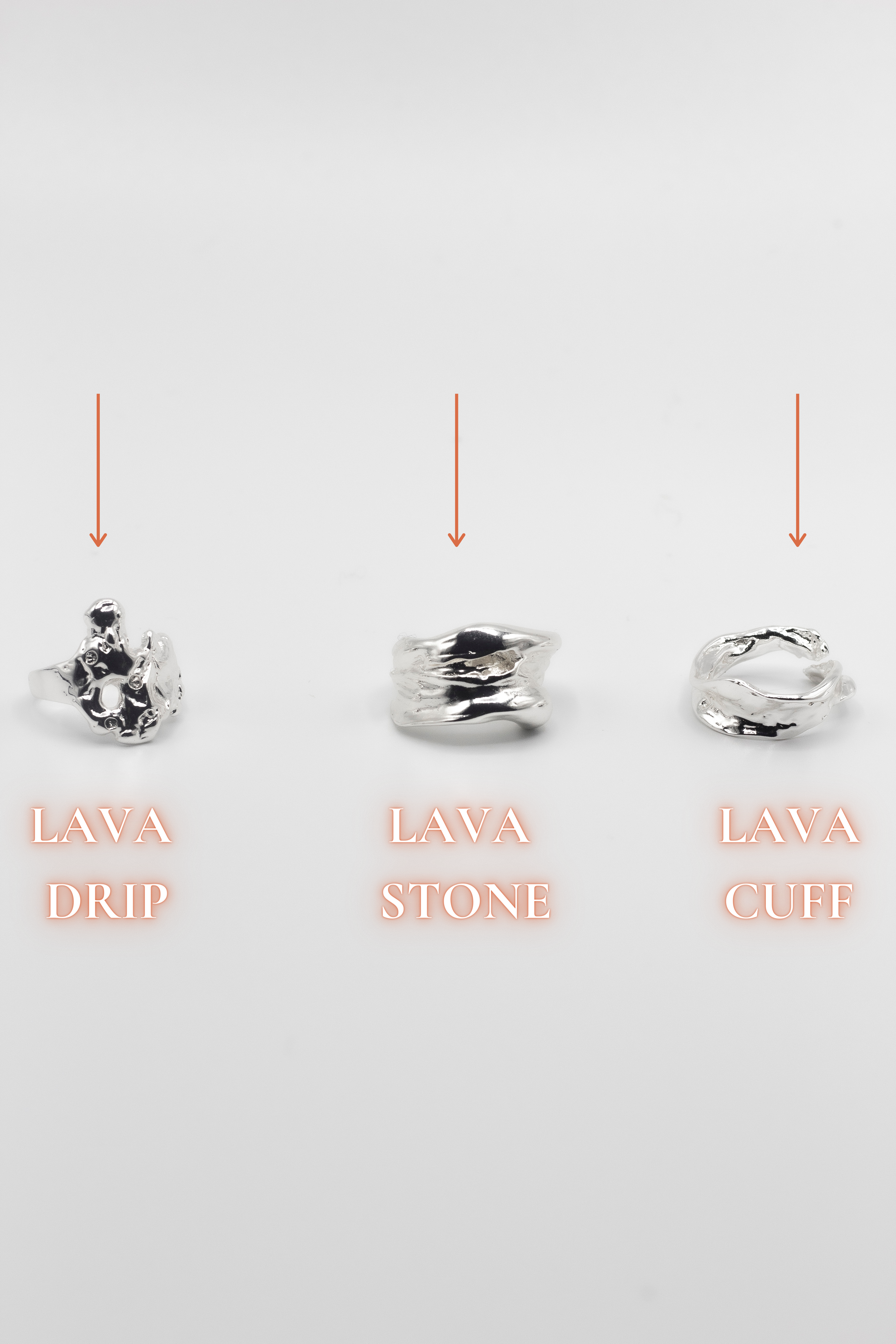 Three 18k silver molten rings placed side-by-side. Ella Lava Ring Trio (Set of 3) by E's Element.