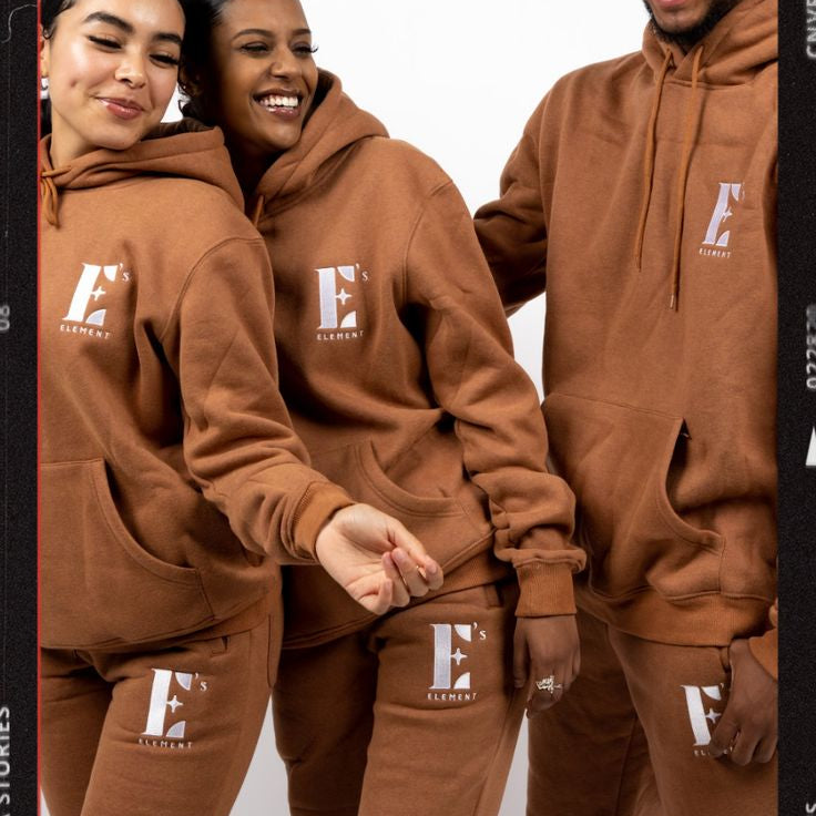 3 models wearing E's Element Essential Sweatsuit Set In Brown Sugar on white background | Sweatsuits | E's Element