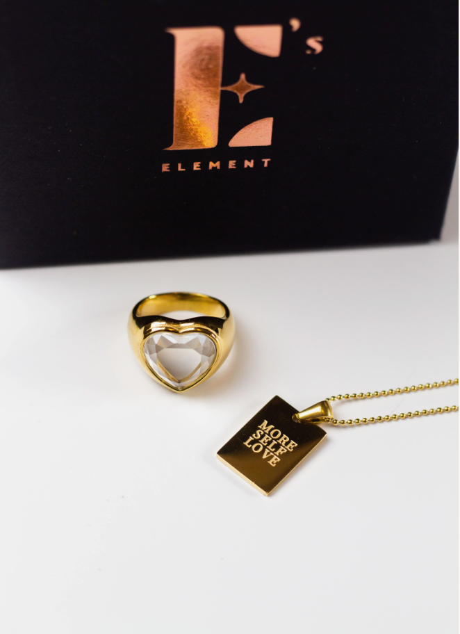 E's Element Ella White Gemstone Ring and Heart Charm Pendant Necklace. 