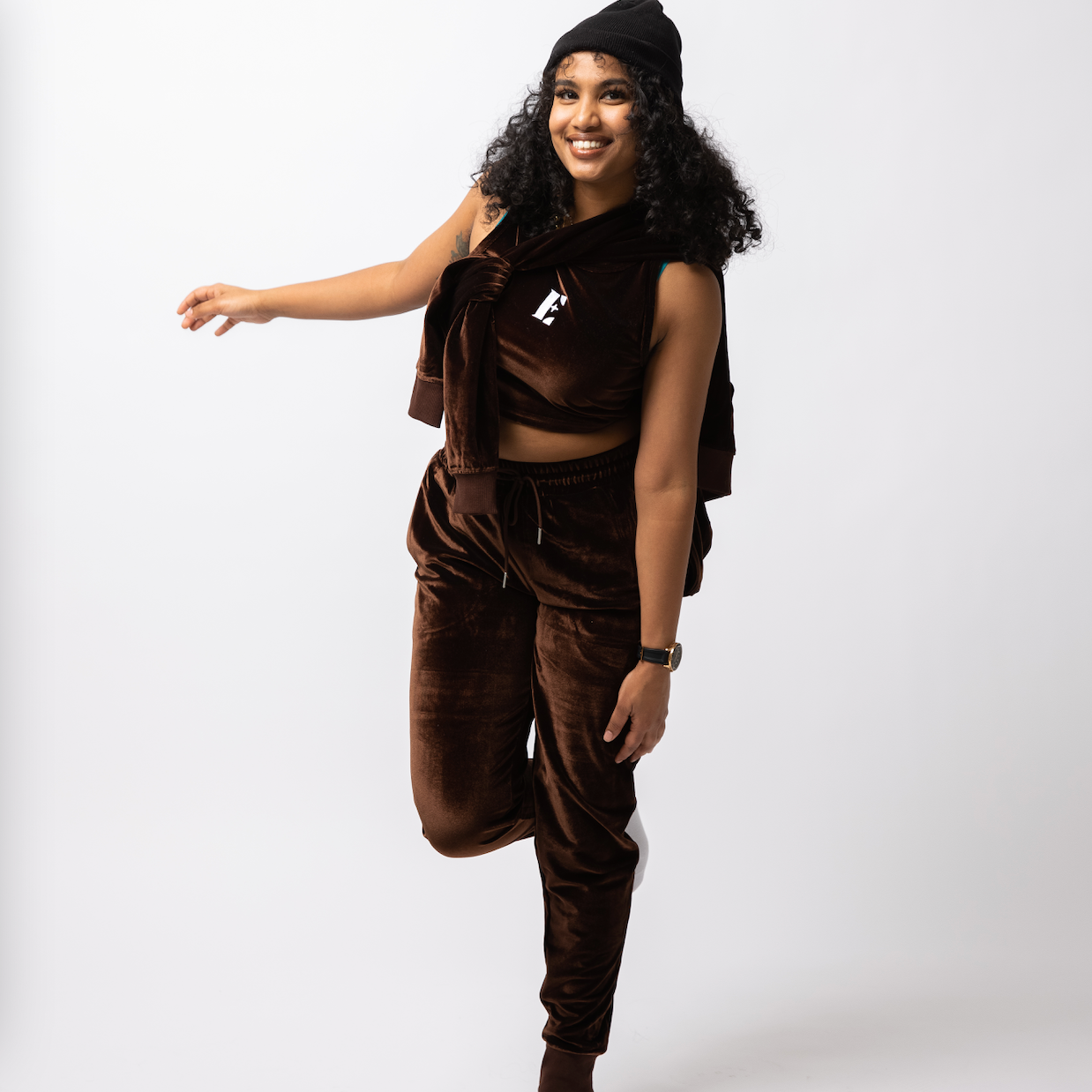model wearing E's Element Chocolate Brown Velvet Jogger Set