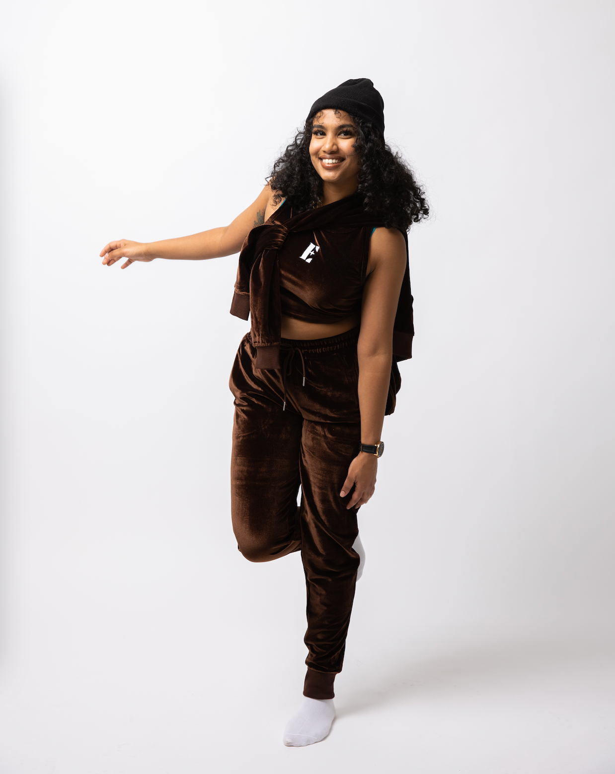 model wearing E's Element Chocolate Brown Velvet Jogger Set