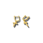 18k gold stainless steel earrings. The earrings have a cross charm attached. Cross Cubic Zirconia Huggies by E's Element.