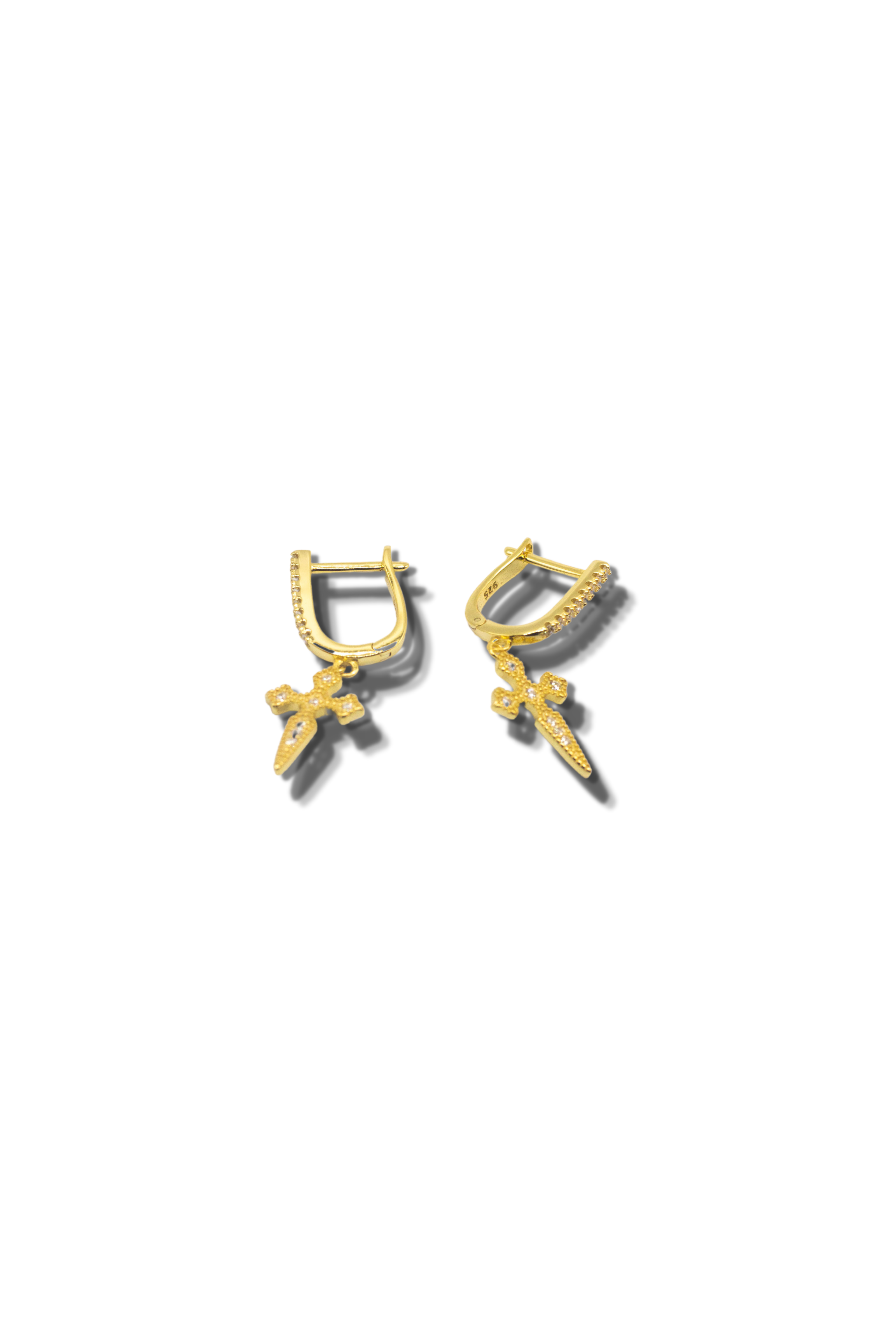 18k gold stainless steel earrings. The earrings have a cross charm attached. Cross Cubic Zirconia Huggies by E's Element.