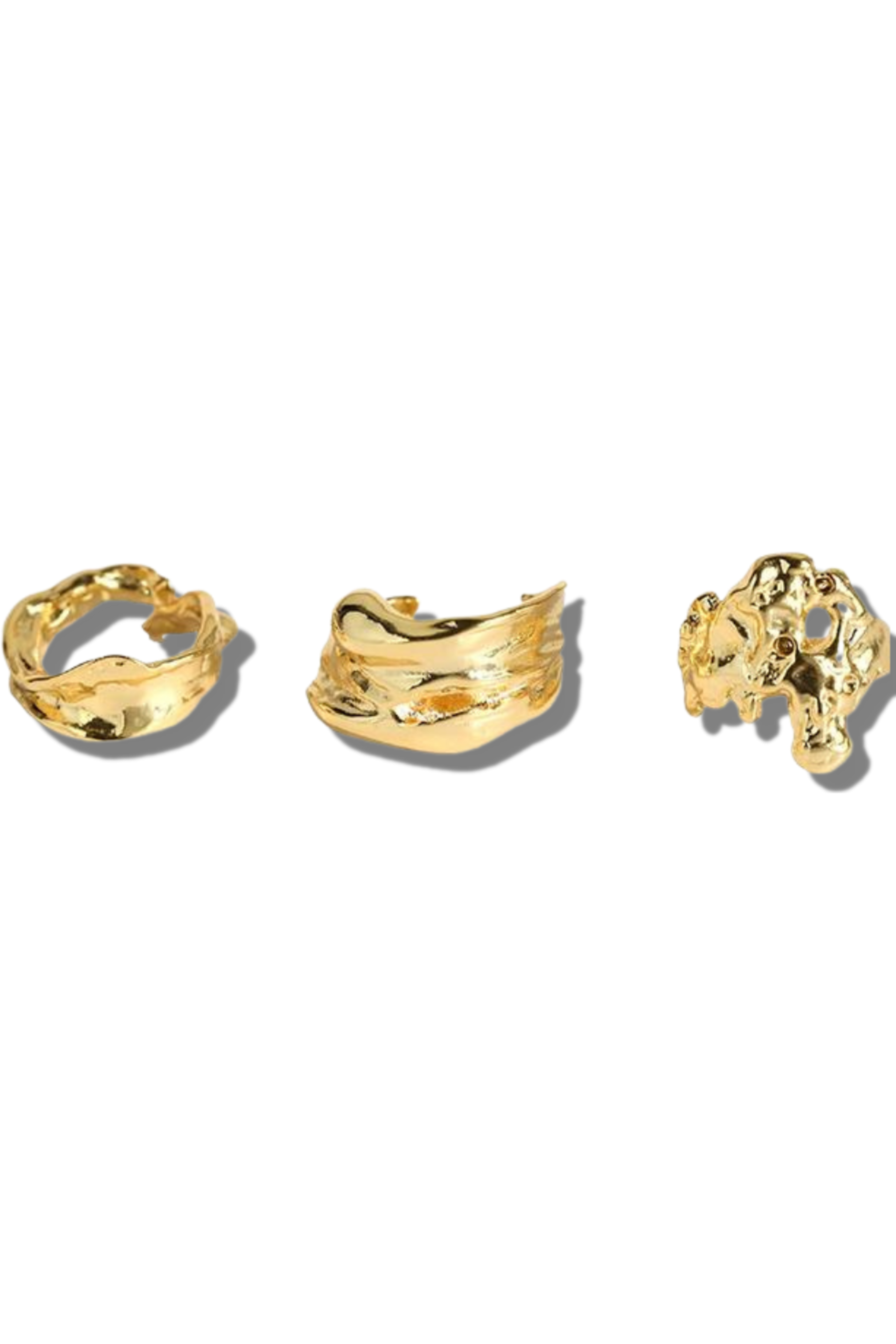 Three 18k gold molten rings placed side-by-side. Ella Lava Ring Trio (Set of 3) by E's Element.