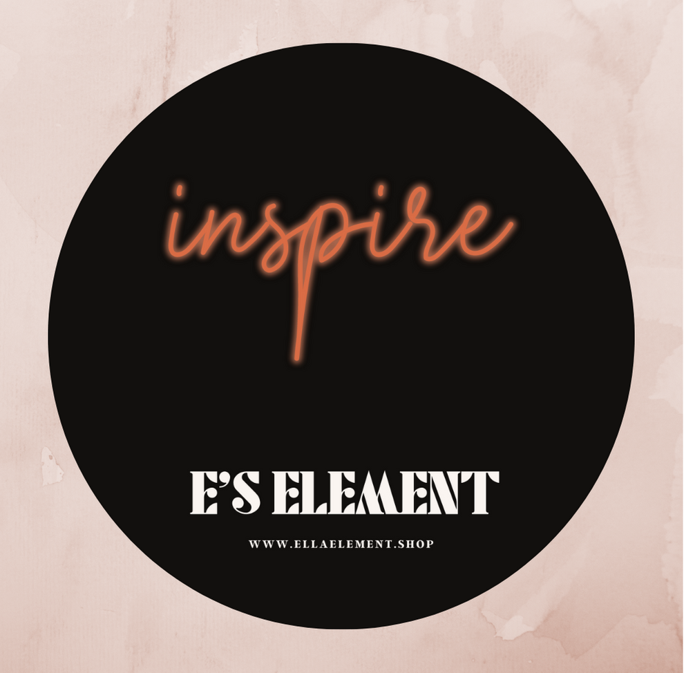Round black sticker. The sticker has the word "inspire" in cursive orange on the top and the words "E'S ELEMENT" at the center in white and the link to the shop "WWW.ELLAELEMENT.SHOP" at the bottom in white. E's Element Individual / 3 Pack Set Stickers by E's Element by Emmanuela Okon.