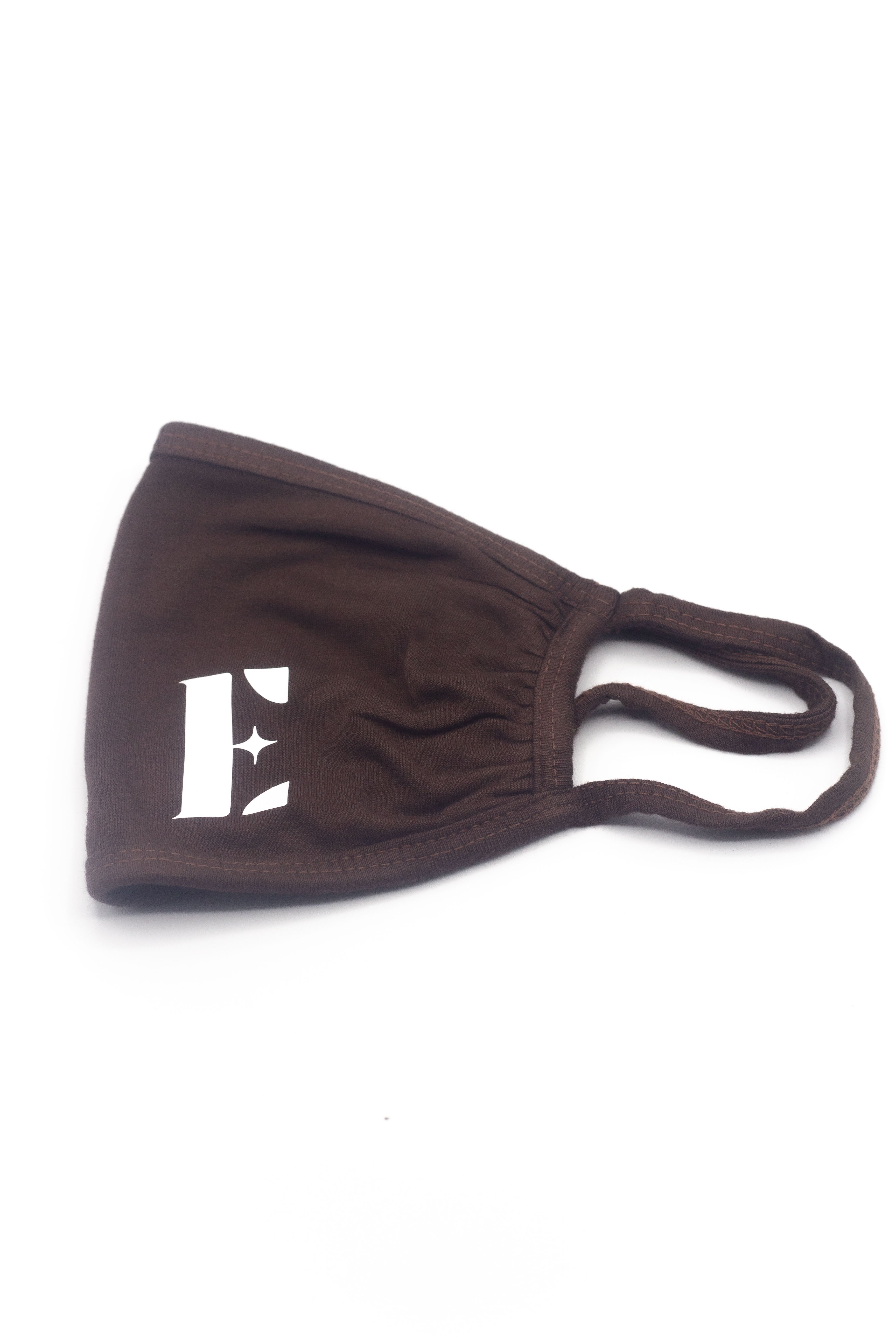 Dark brown E's Element reusable face mask. The face mask is imprinted with the E's Element logo on the bottom left in white. Chocolate Face Mask by E's Element.