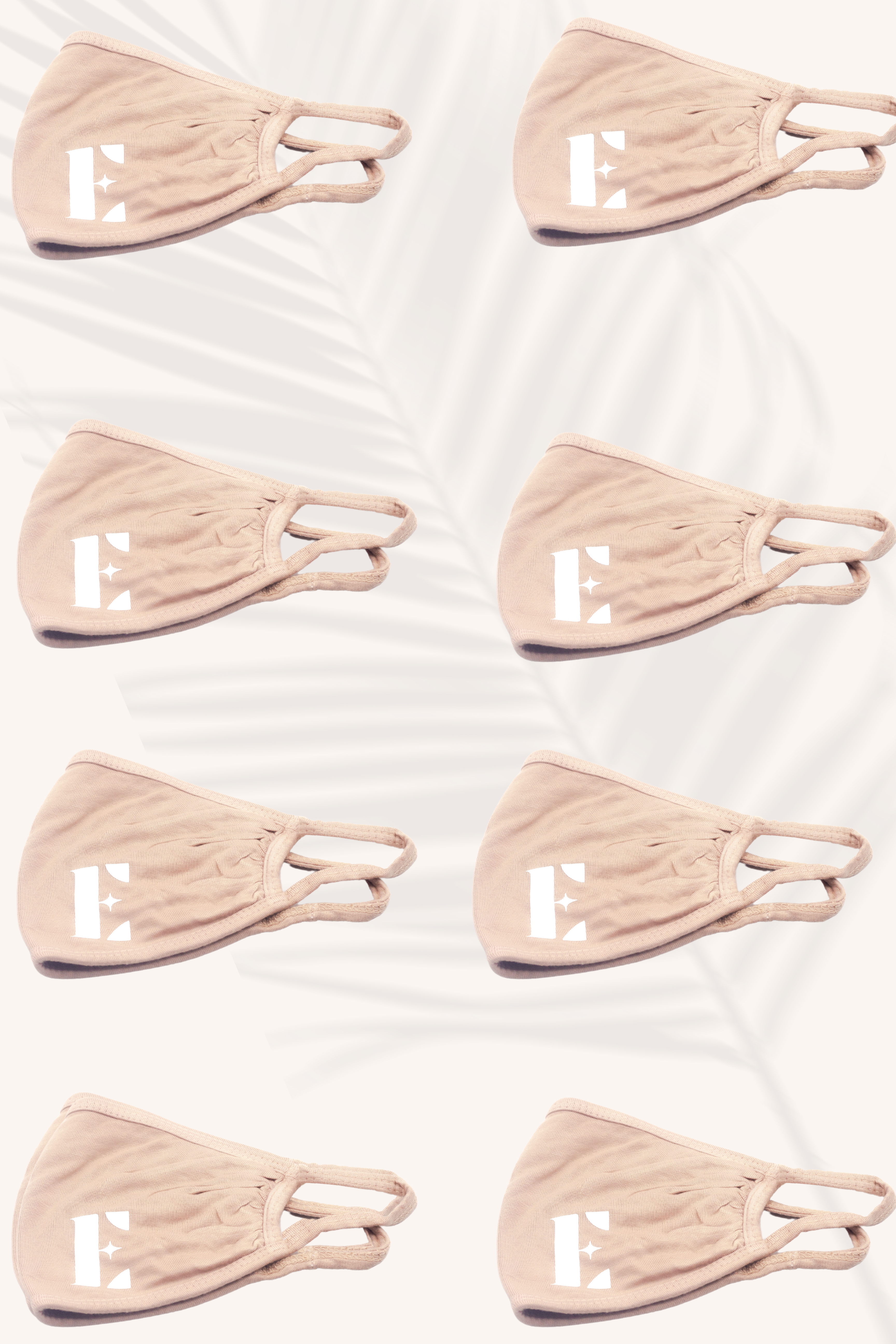 Eight Beige Pink Face Masks by E's Element placed in a 2x4 pattern. The face masks have the E's Element logo imprinted in white on the bottom left.