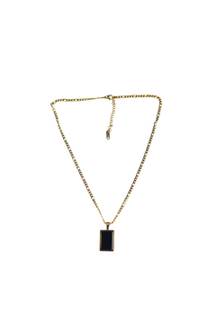 18k gold necklace with a black rectangular charm. The Infinity Zircon Necklace by E's Element.