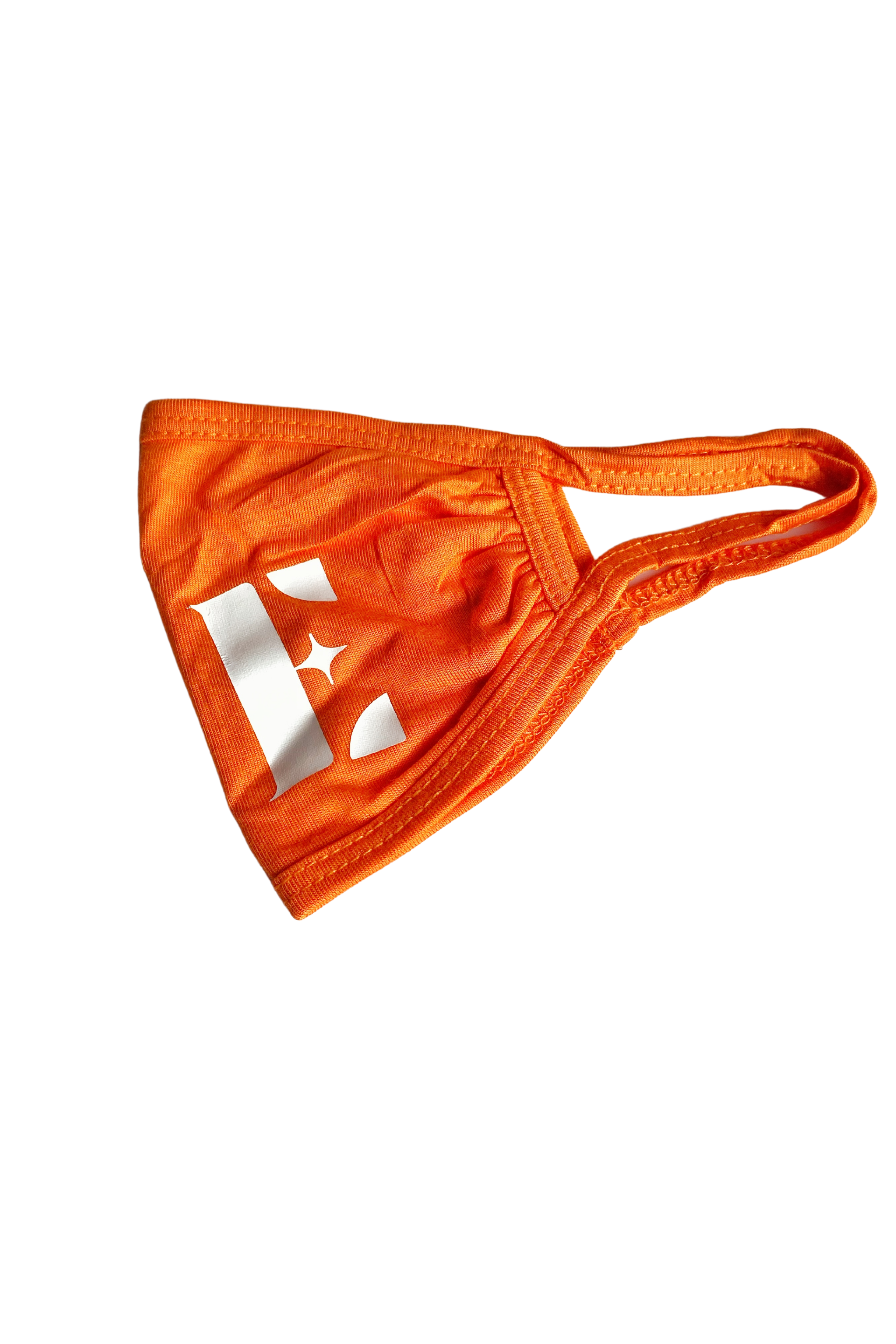 Bright orange reusable face mask. The mask is imprinted with the E's Element logo in white. Burnt Orange Face Mask by E's Element.