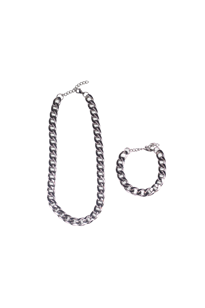 Stainless steel chain necklace and bracelet. The Emmanuela Set in Steel by E's Element.