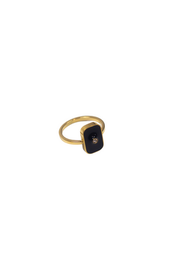 18k gold ring. The ring has zircon stone in the middle of a rectangular black surface. Infinity Zircon Ring by E's Element.
