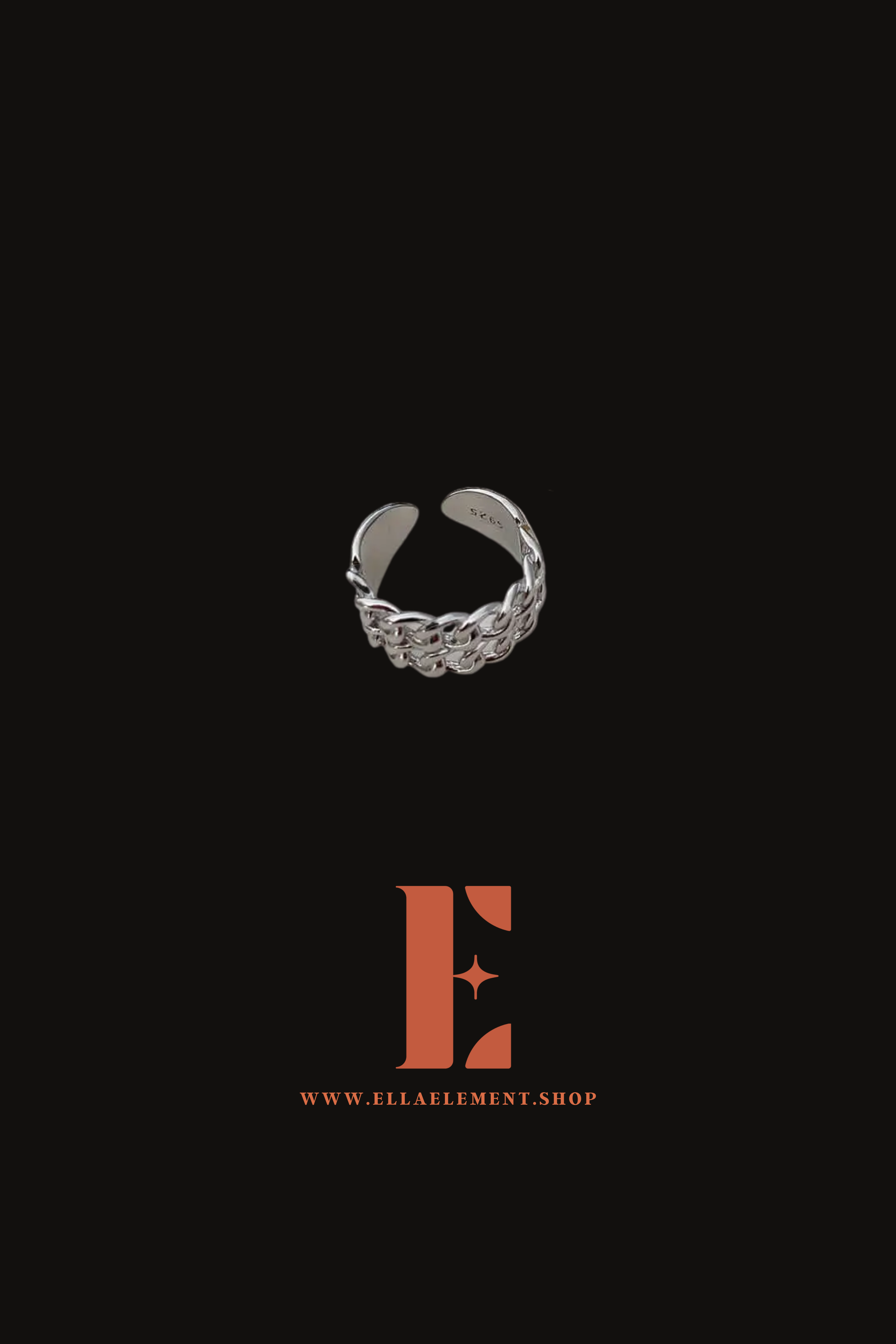 18k silver braided ring. Under the ring is the E's Element logo in orange. Platinum Double Band Ring by E's Element.