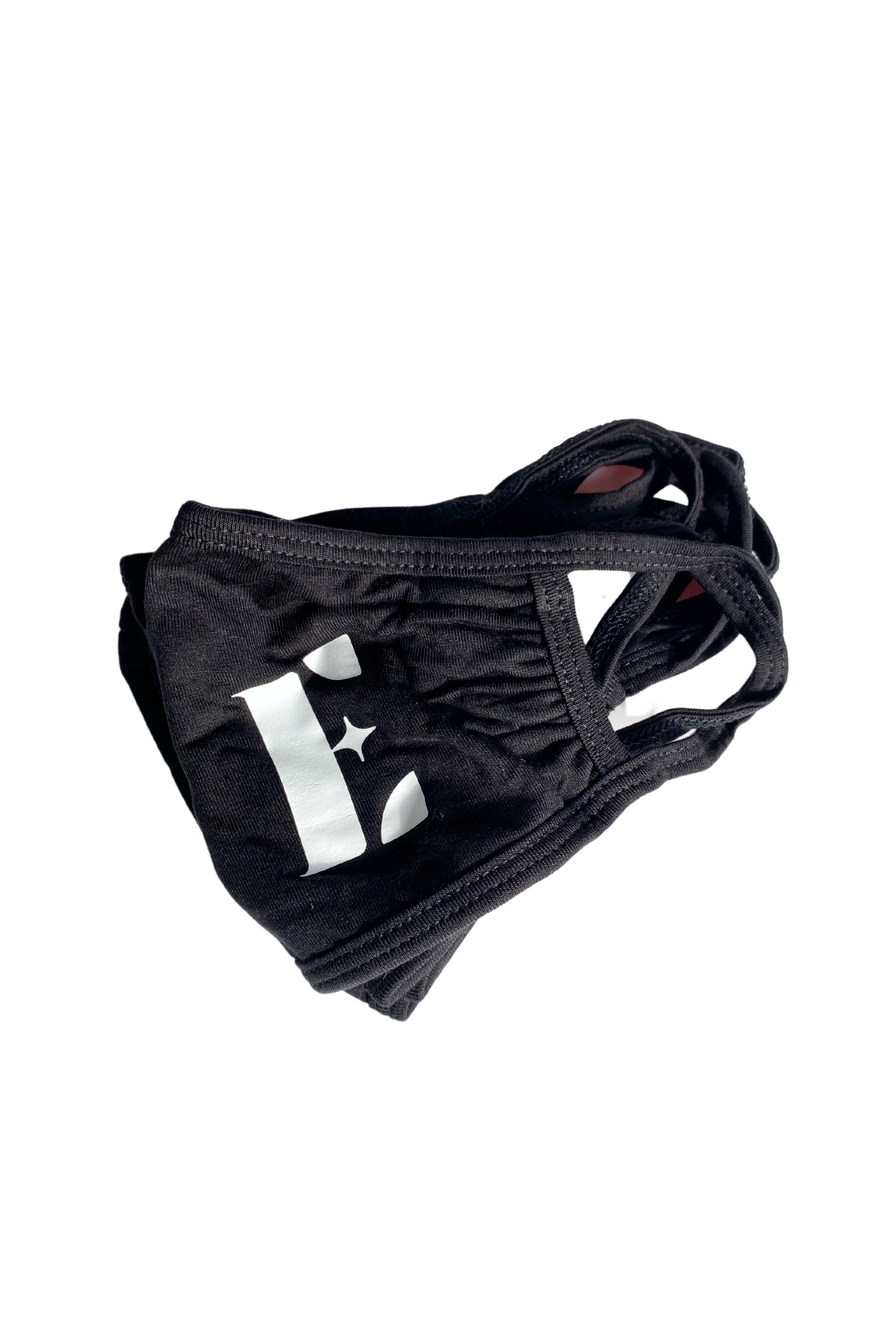Black reusable face mask. The face mask has the E's Element logo imprinted in white. Smoky Black Face Mask by E's Element.