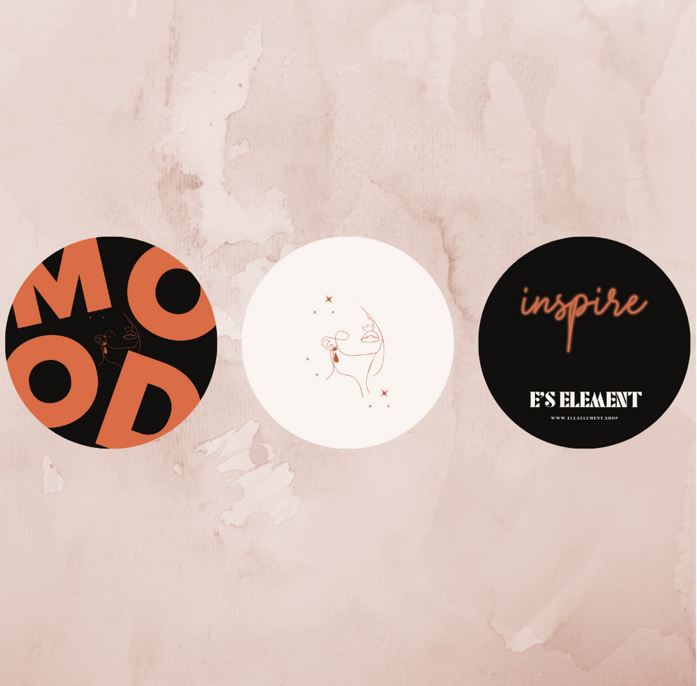 Three round stickers placed side-by-side. The sticker on the left is black and orange with the word "MOOD" in orange. The sticker in the middle is white with a line drawing of a lady in orange. The sticker at the right has the words "inspire" in cursive orange, "E'S ELEMENT", and "WWW.ELLAELEMENT.SHOP" in white.  E's Element Individual / 3 Pack Set Stickers by E's Element by Emmanuela Okon.