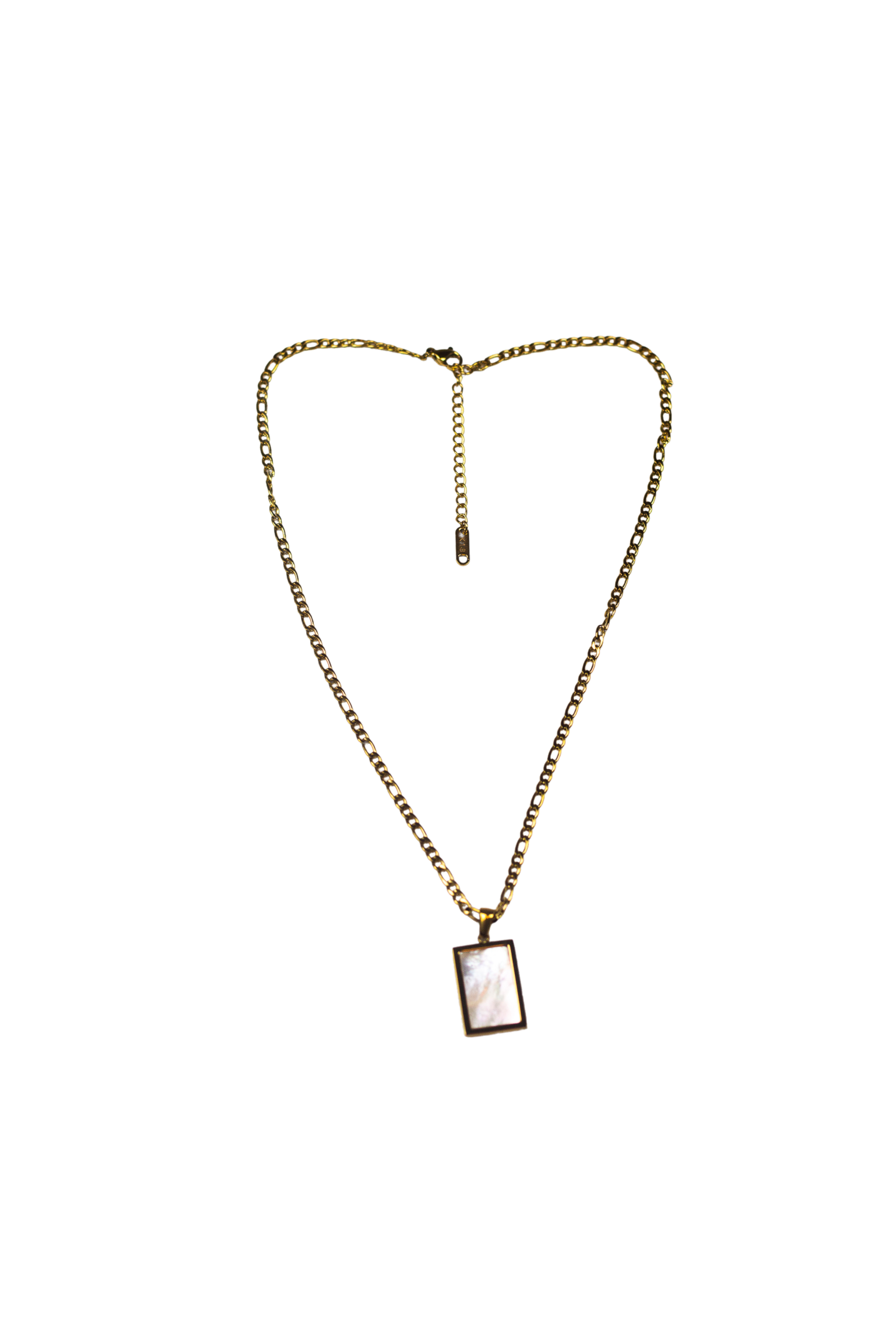 18k gold necklace with a white rectangular charm. The Infinity Zircon Necklace by E's Element.
